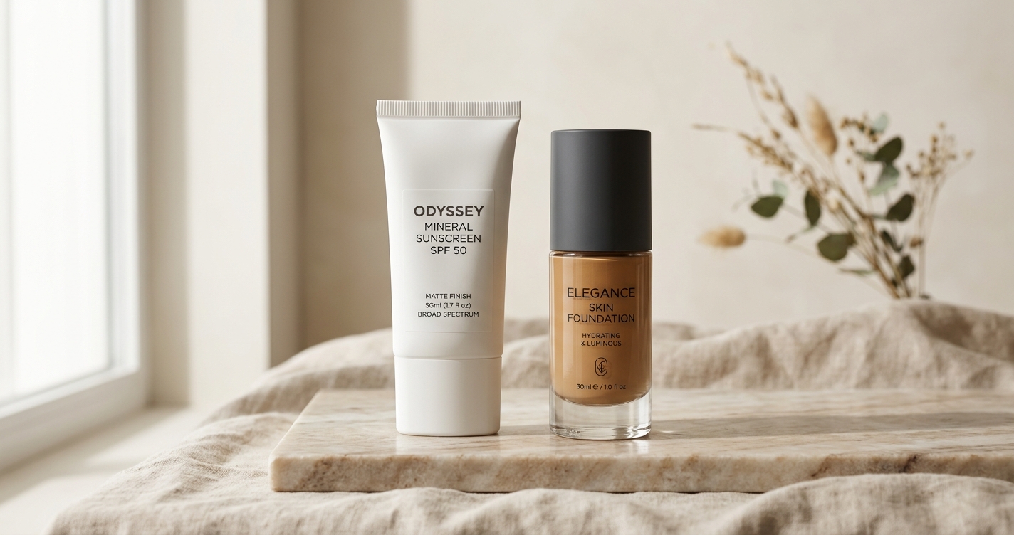 Solskyddsflaska och foundation bredvid varandra i naturligt ljus