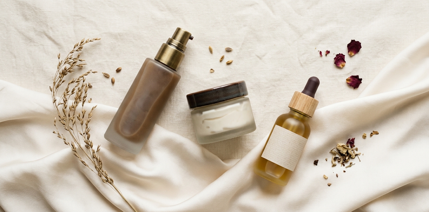 Foundation och concealer produkter på en vit marmoryta i naturligt ljus