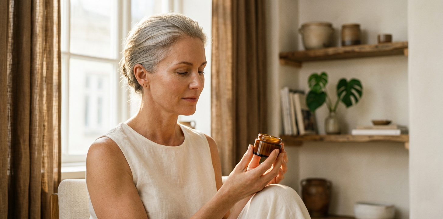 Kvinna applicerar foundation i varmt morgonljus vid ett fönster