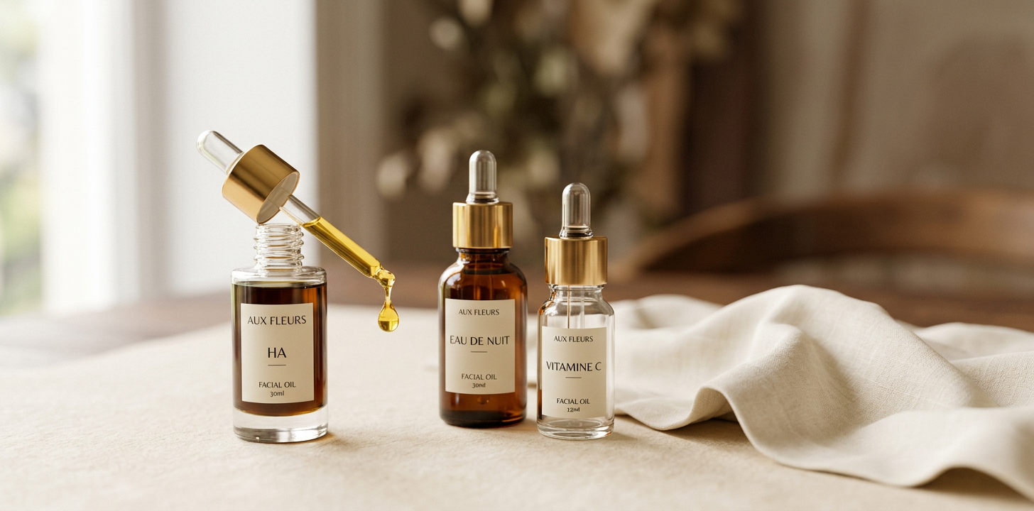 Hudvårdsprodukter och serum i naturligt varmt ljus mot parchment bakgrund