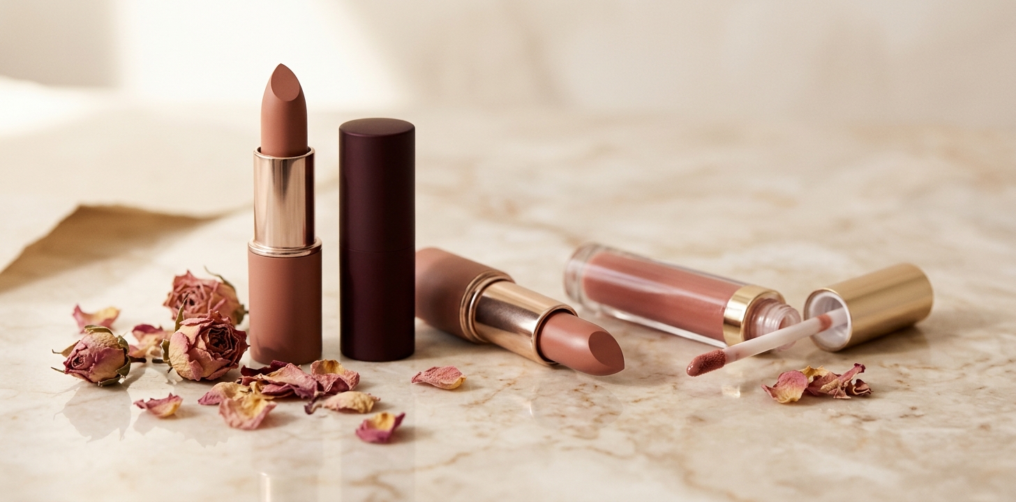 Läppstift och glossar arrangerade på ett trä- och marmorunderlag